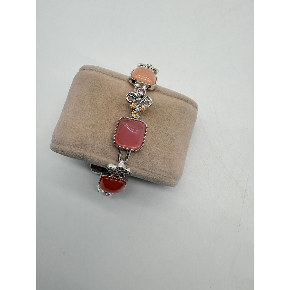 Silver Tone Square Peach Coral Cabochon Filigree Link Bracelet Rhinestones 7.25"